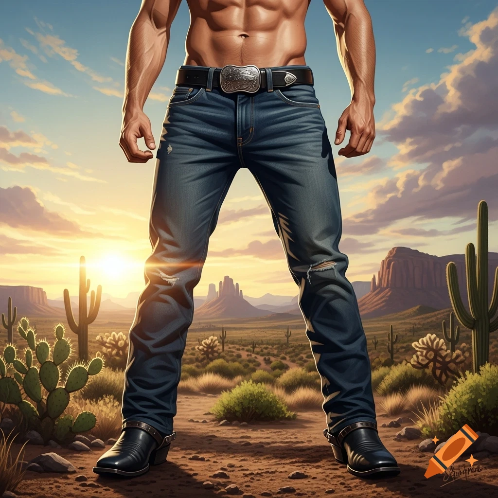 Muscular shirtless man in blue jeans and cowboy boots stands in a desert at sunset with cacti and mountains, digital art.