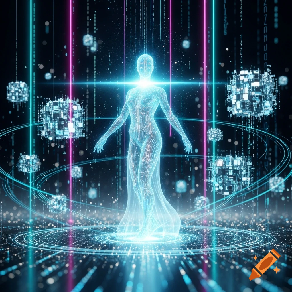 Glowing transparent circuit-patterned humanoid figure on a digital platform amidst neon lights and data streams.