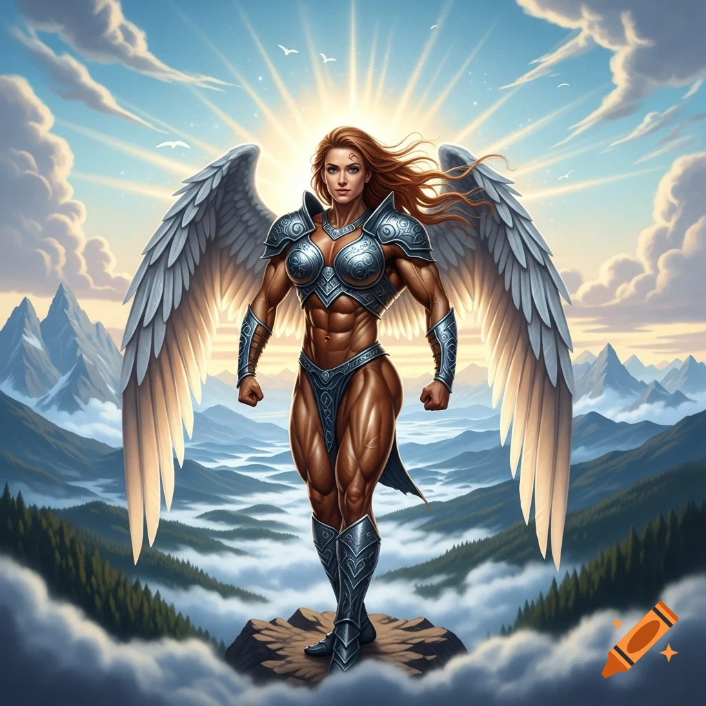 A muscular female Valkyrie with large white wings, clad in ornate silver armor, stands on a mountain peak above clouds with a glowing sun behind her.