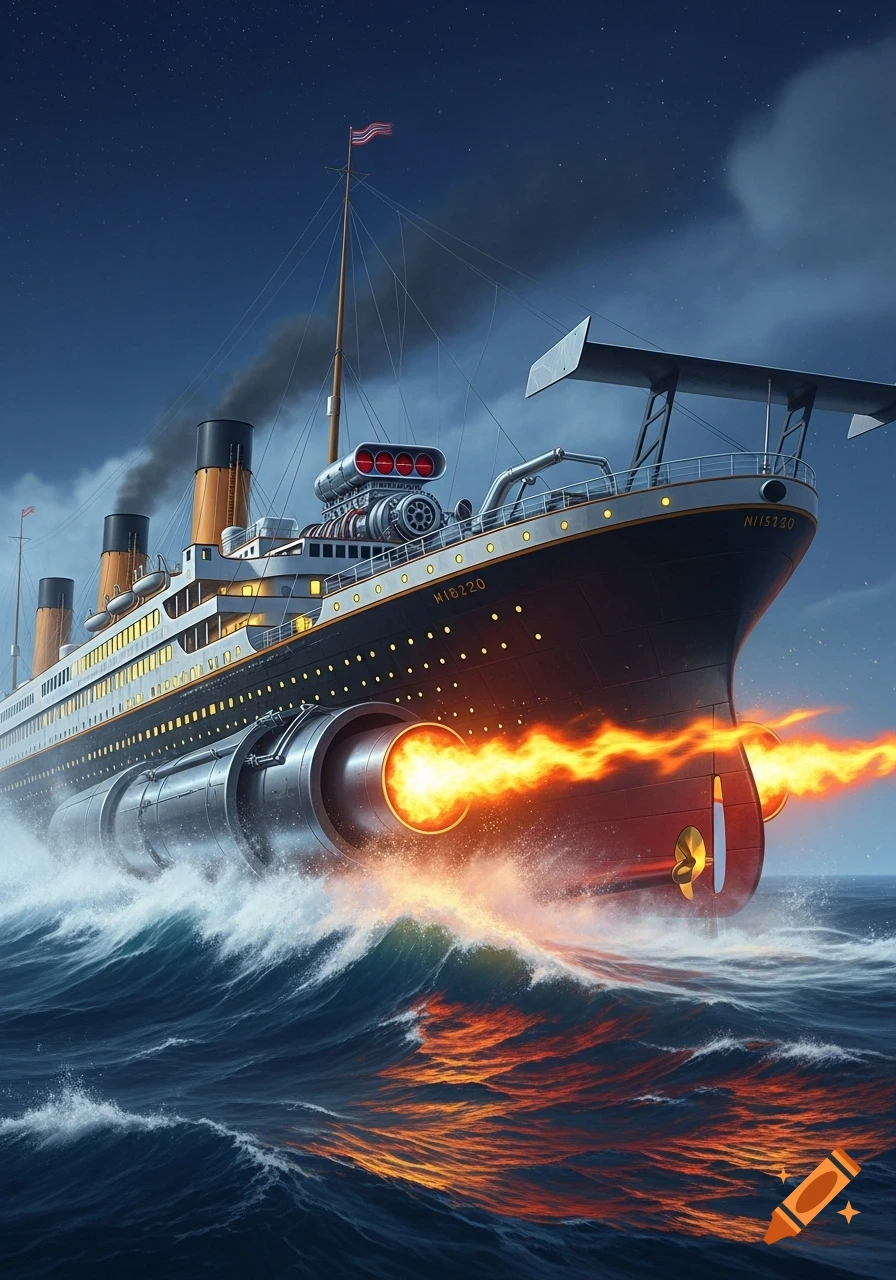 A modified Titanic-like ship with a large spoiler, supercharger, and jet engines firing flames, speeding through stormy seas at night.