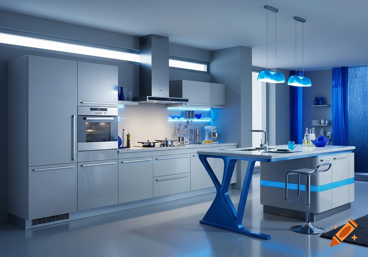 A sleek, modern gray kitchen with blue accent lighting, a central island with a unique blue base, and blue decorations.