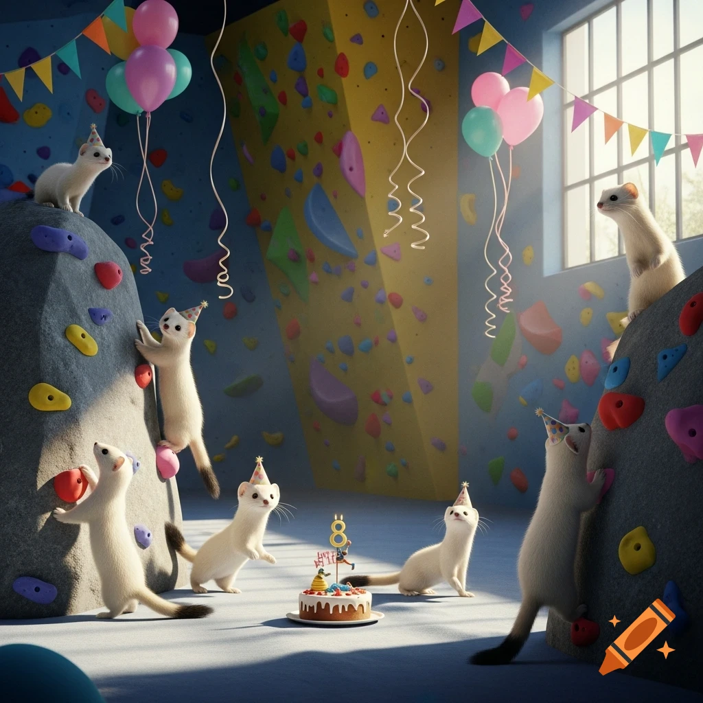 Eight ermines in party hats celebrate a birthday with a cake in a colorful climbing gym, photorealistic style.