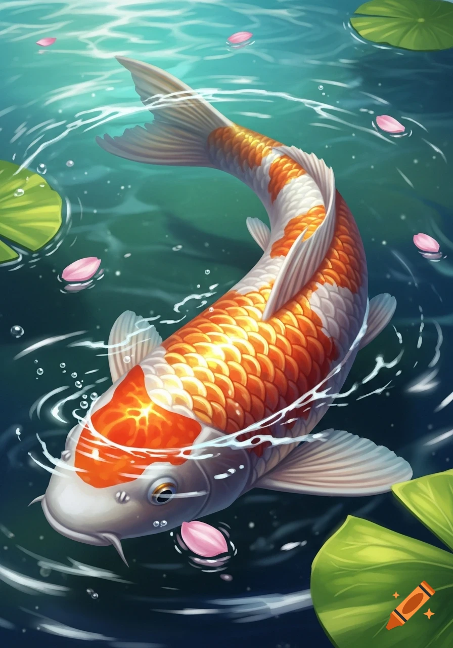 Vibrant illustration of a white and orange koi fish swimming in green-blue water with lily pads and pink flower petals.