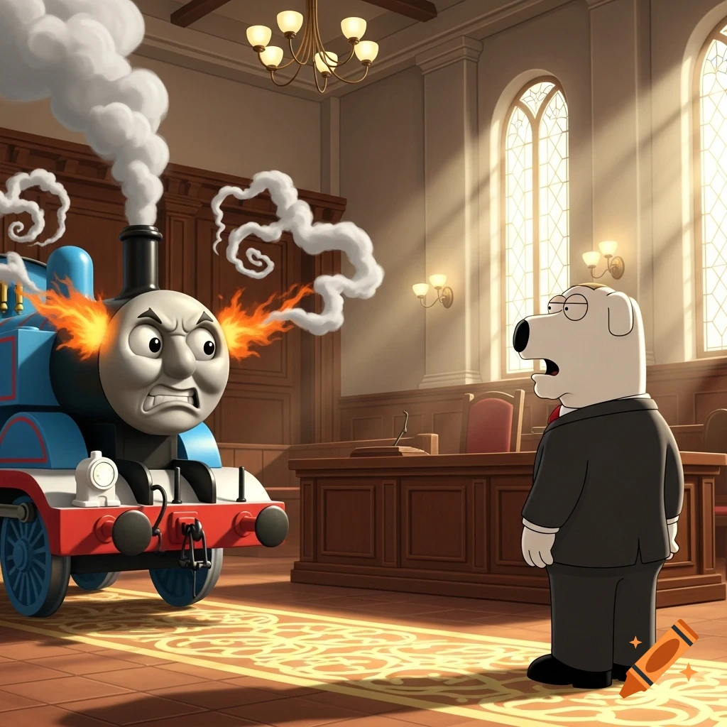Angry Thomas the Tank Engine steams furiously with fire from his ears, facing a surprised Brian Griffin in a cartoon courtroom.