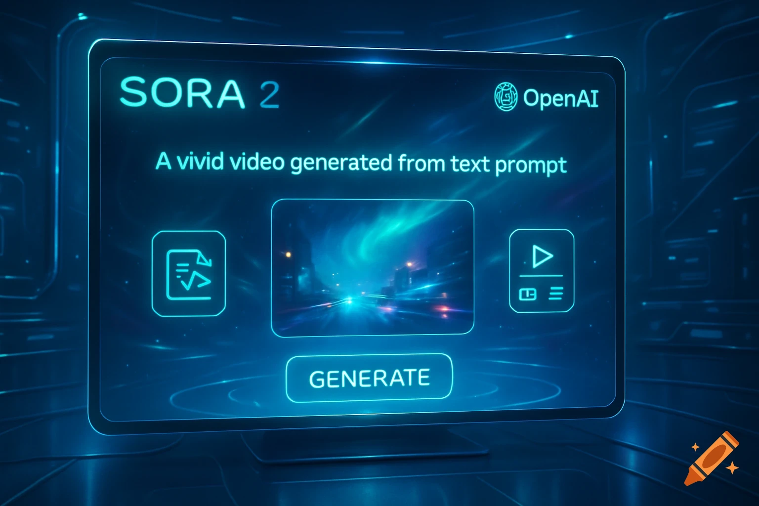 A glowing, futuristic screen displaying "SORA 2" and "OpenAI" with text "A vivid video generated from text prompt" and a "GENERATE" button.