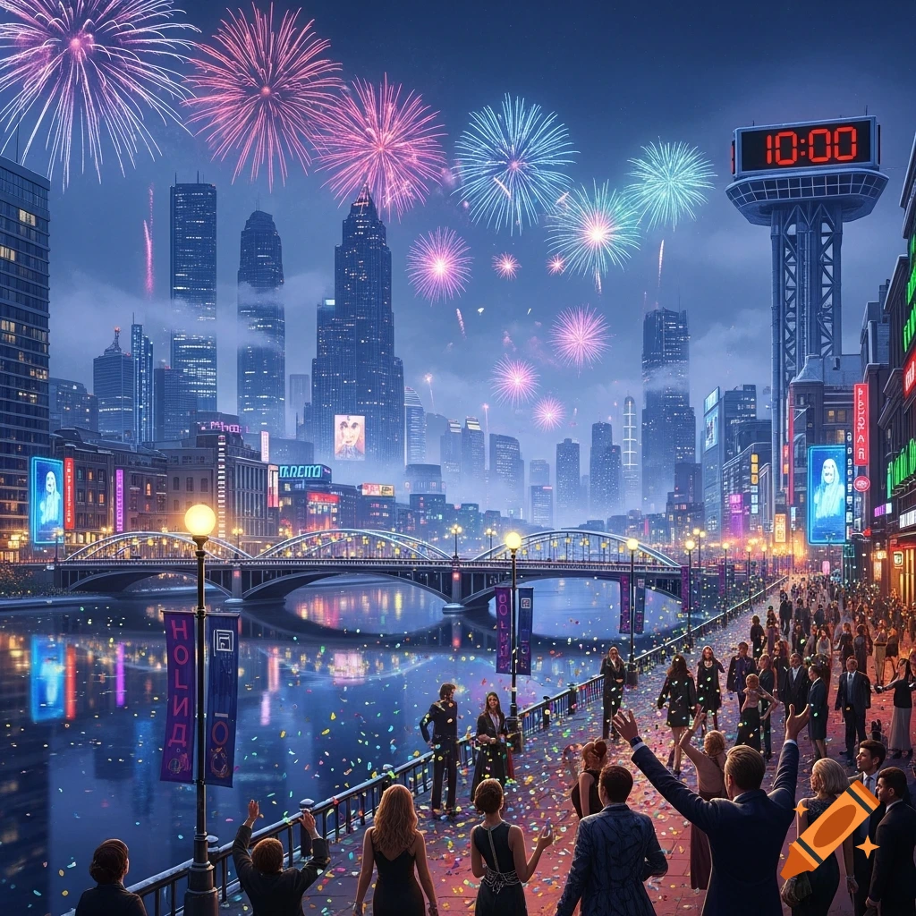 A vibrant cityscape at night with a large crowd celebrating New Year's Eve under a sky full of colorful fireworks. Buildings line a river with a bridge, all illuminated by city lights and neon signs.