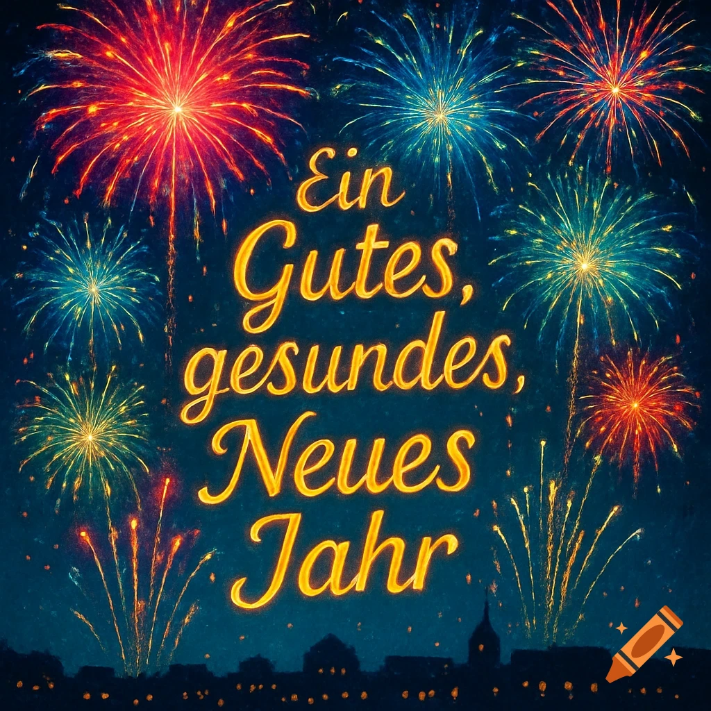 Colorful fireworks burst over a city skyline at night, with gold text reading "Ein Gutes, gesundes, Neues Jahr".