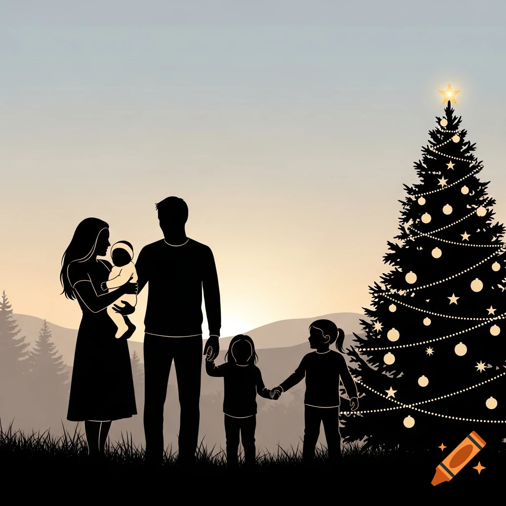 Silhouette of a family (mother, father, baby, two children) with a Christmas tree against a sunset mountain backdrop.