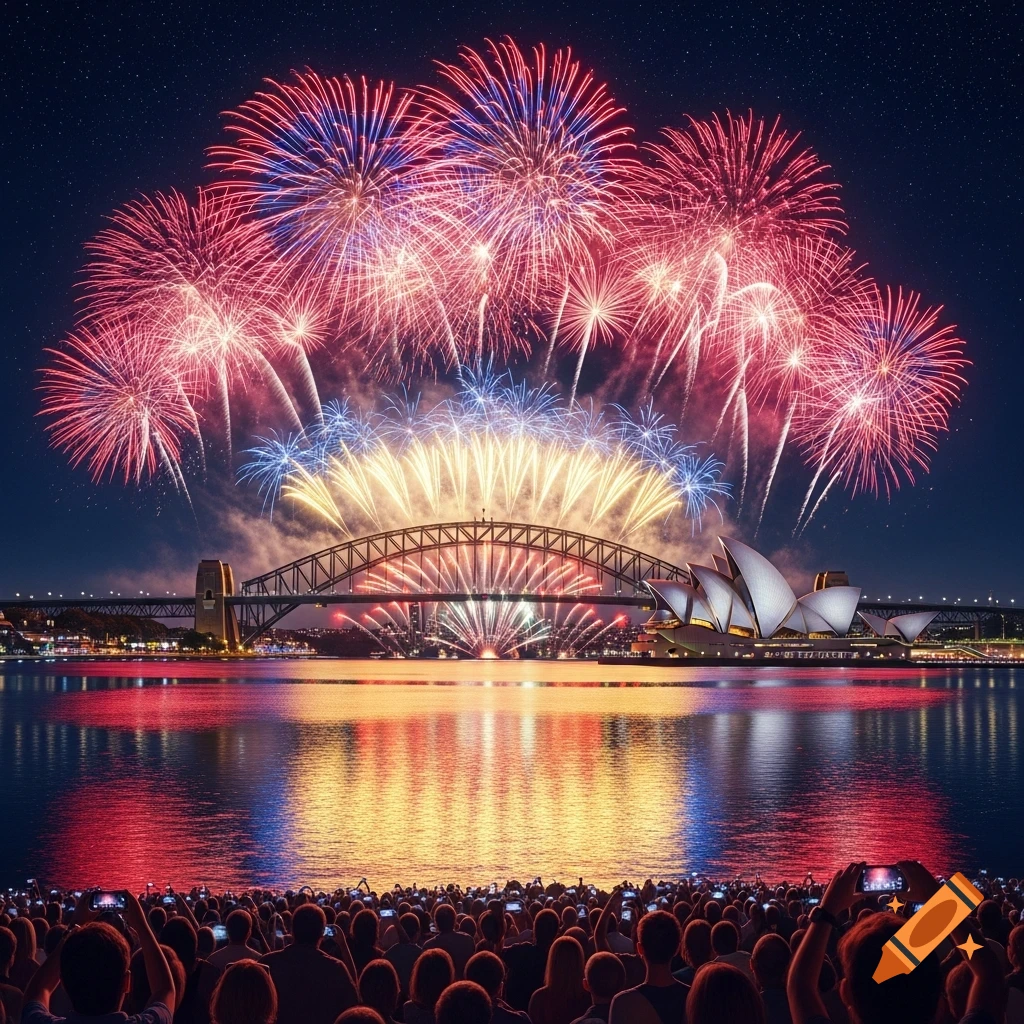 Vibrant red and blue fireworks explode over Sydney Harbour Bridge and Opera House at night, reflected in the water, with a crowd watching.