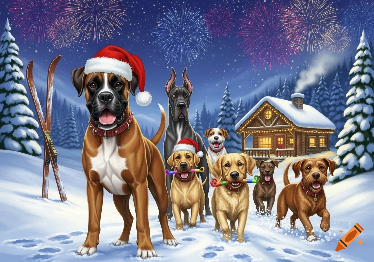 An illustration of a group of dogs, some in Santa hats, celebrating in a snowy landscape with a ski hut and fireworks in the night sky.