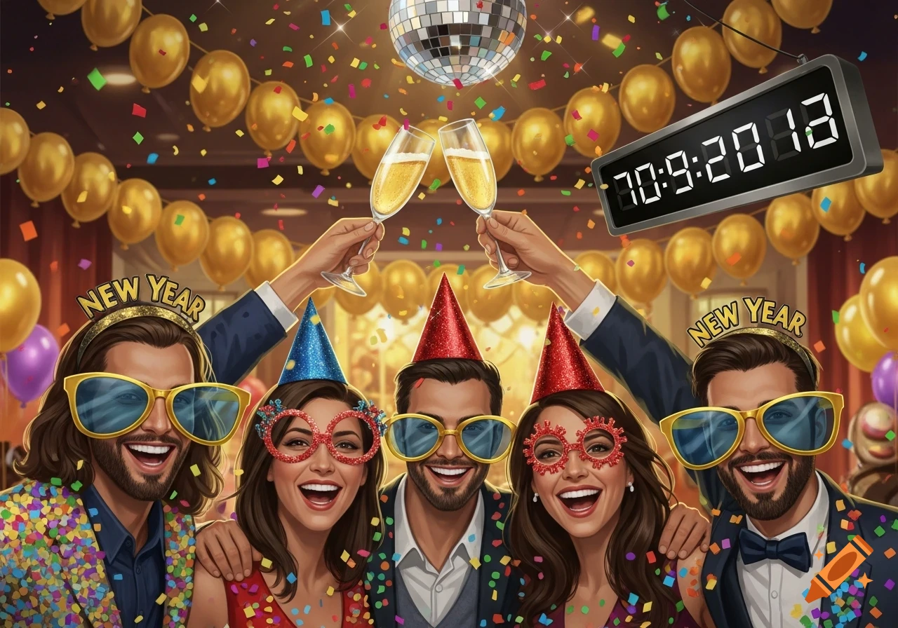 A group of cheerful people in party hats and festive glasses celebrating New Year's Eve, toasting with champagne amidst confetti and golden balloons.