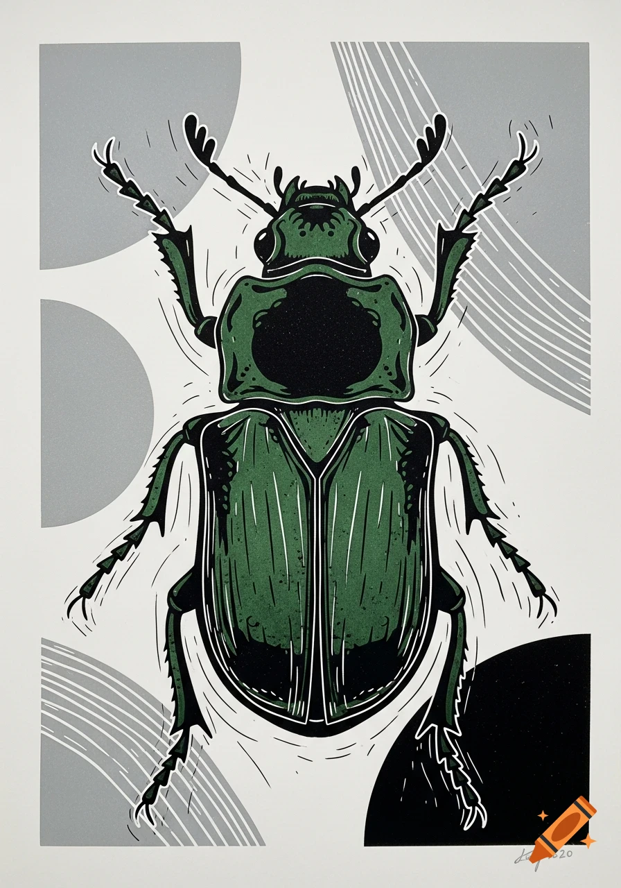 A top-down linocut illustration of a green beetle with black details, set against a white background with gray and black abstract shapes.