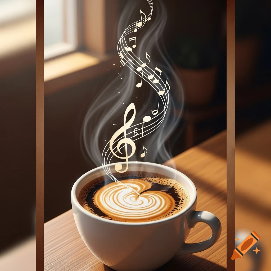 A steaming white mug of espresso with heart-shaped latte art has musical notes and a treble clef rising with the steam. The mug sits on a wooden table, illuminated by sunlight from a window.