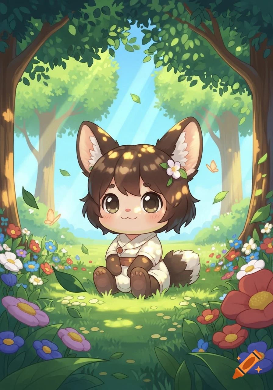 A cute, chibi anime character with brown animal ears and tail sits amidst colorful flowers in a sunny forest.