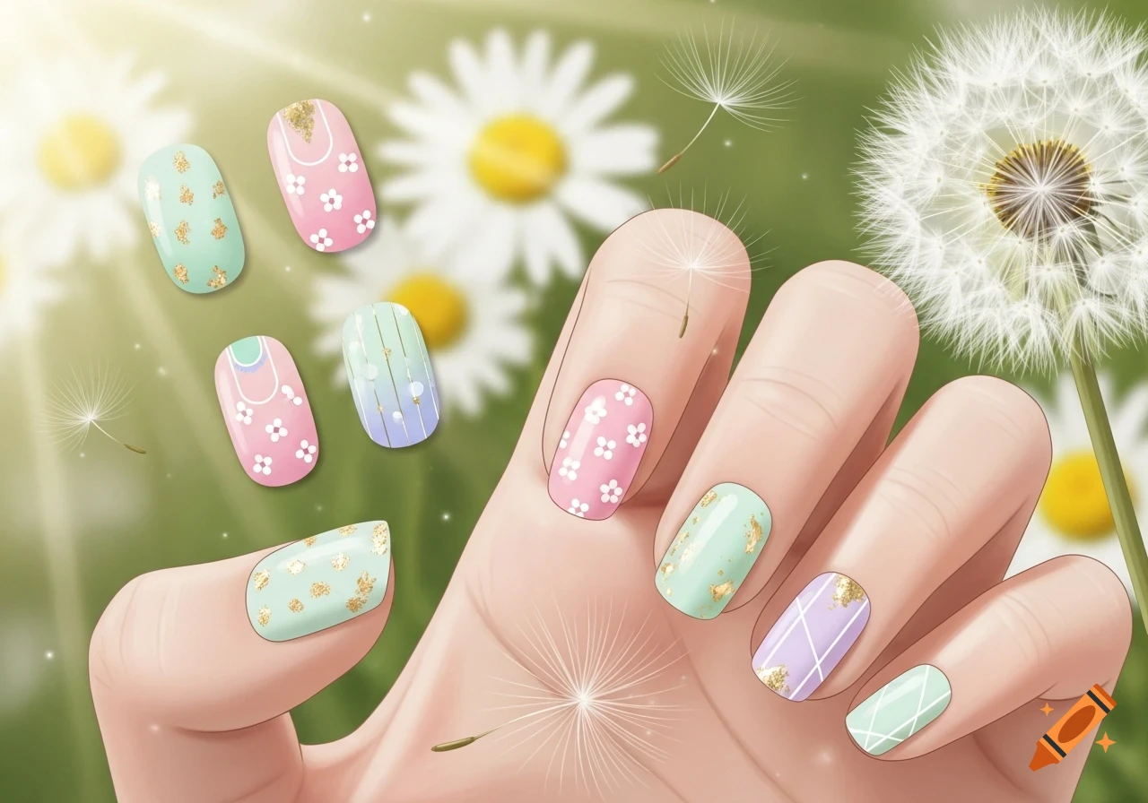 A hand displays pastel-colored nail art with flowers and stripes, set against a background of dandelions and daisies.
