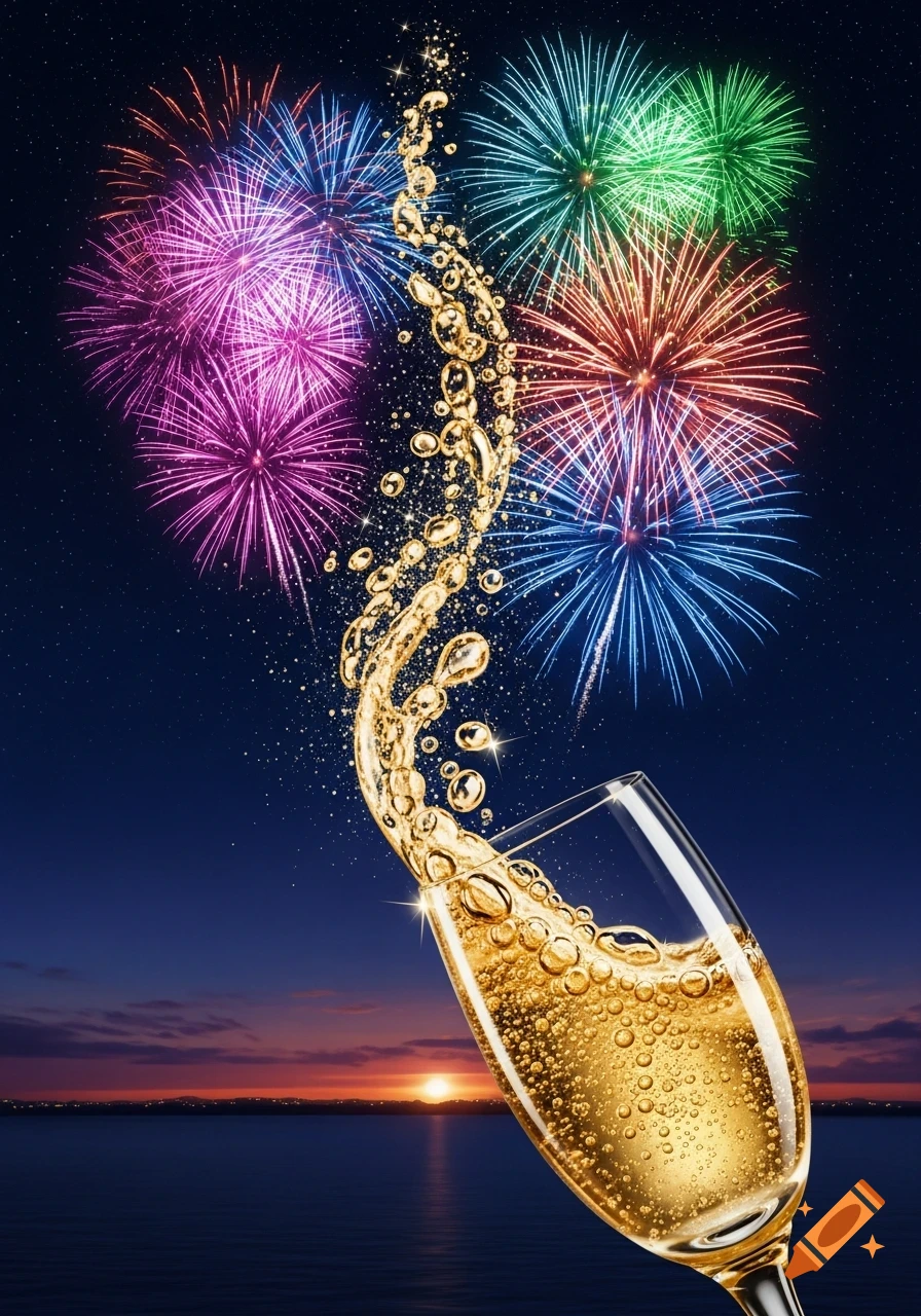 A tilted champagne glass with golden bubbly liquid spilling upwards, transforming into colorful fireworks exploding over a sunset ocean horizon.
