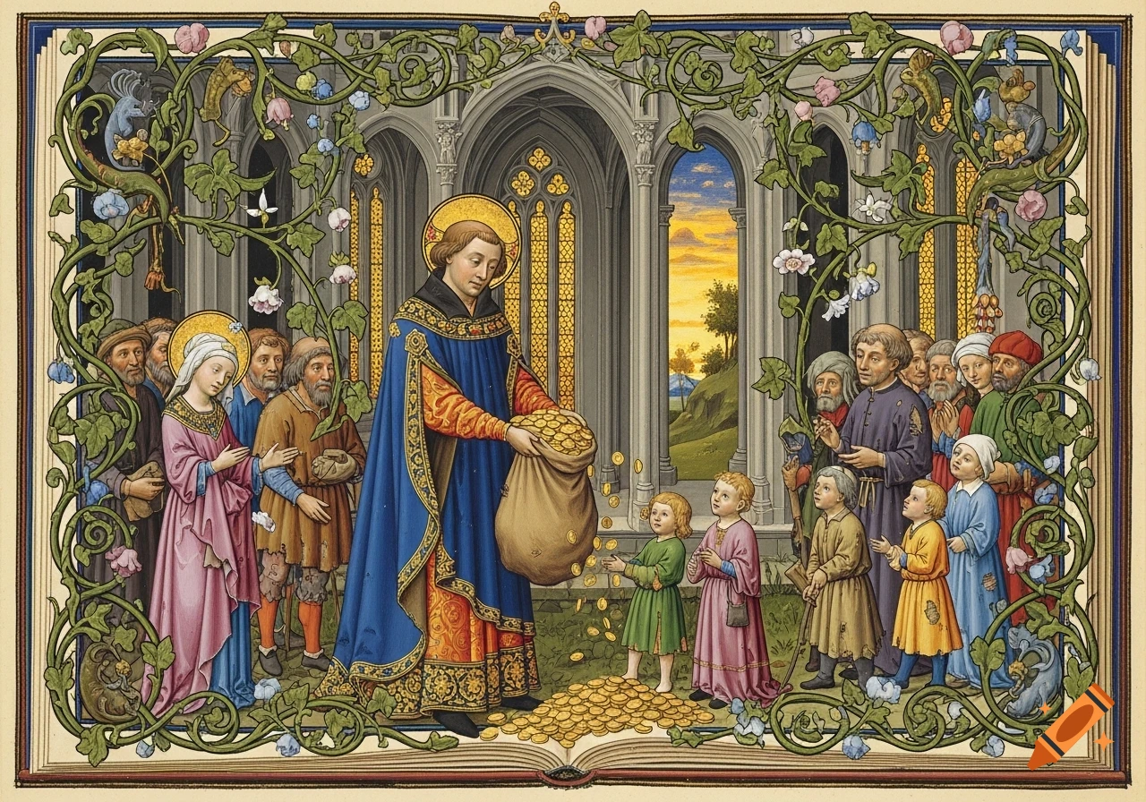 A colorful medieval-style illumination showing a haloed figure in blue robes giving gold coins from a sack to beggars and children, framed by ornate vines.