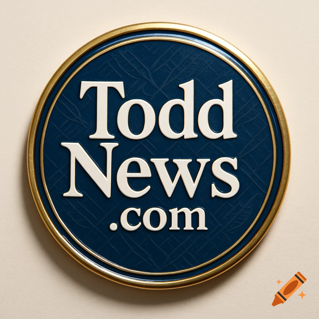 A round blue badge with a gold border, featuring the white text 'Todd News .com' in a prominent serif font.