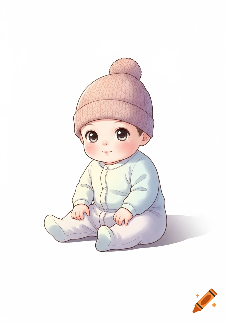 An anime style baby sitting down, wearing a light blue onesie and a pink knitted cap with a pom-pom, on a white background.