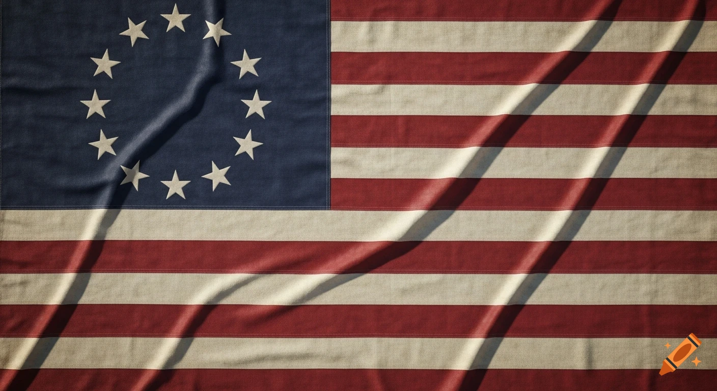 A waving Betsy Ross flag with 13 white stars in a circle on a blue field and 13 red and white stripes, photorealistic.