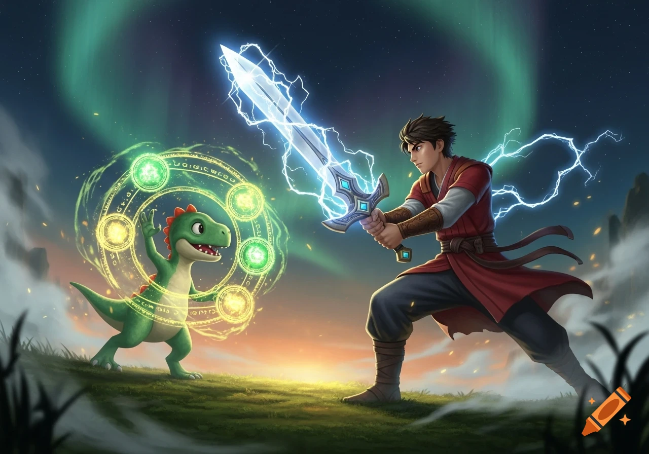 A warrior with a glowing sword battles a magic-wielding cartoon dinosaur under a starry sky with an aurora.