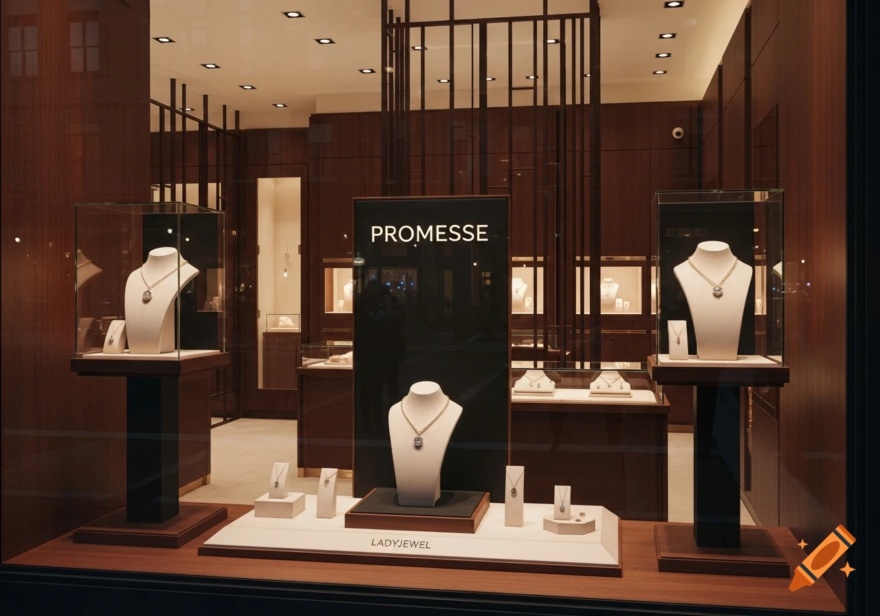 Luxurious jewelry store window display with necklaces and pendants on white busts, set in a modern, dark wood interior.