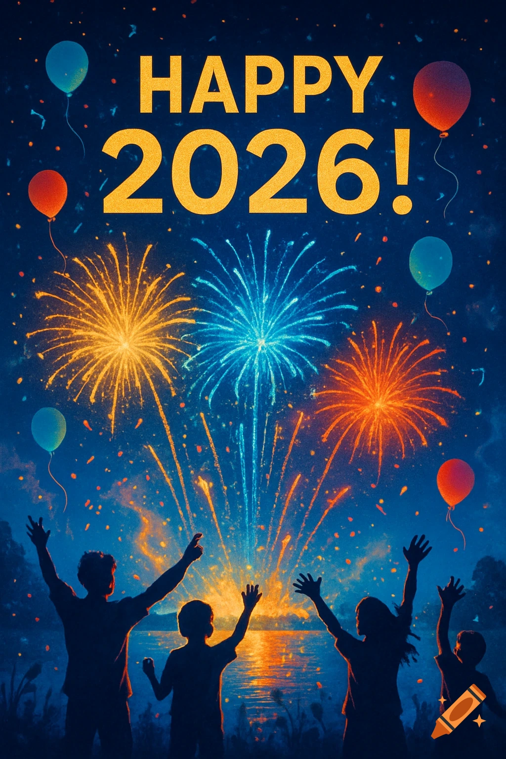 Silhouettes of people watching colorful fireworks and balloons with "HAPPY 2026!" text on a dark blue night sky.