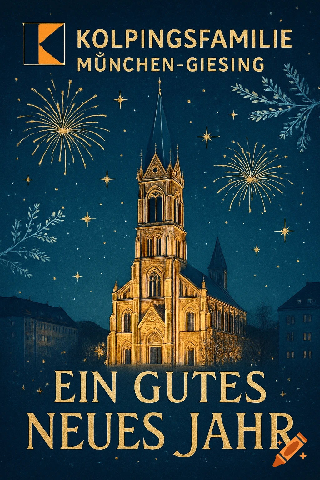 Stylized illustration of a glowing church at night under fireworks and stars, with German text 'Ein gutes neues Jahr'.