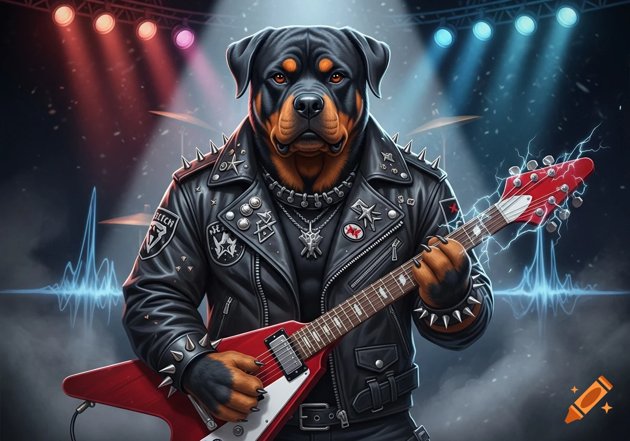 A Rottweiler dog wearing a black leather jacket with spikes plays a red Flying V electric guitar on a stage with spotlights.