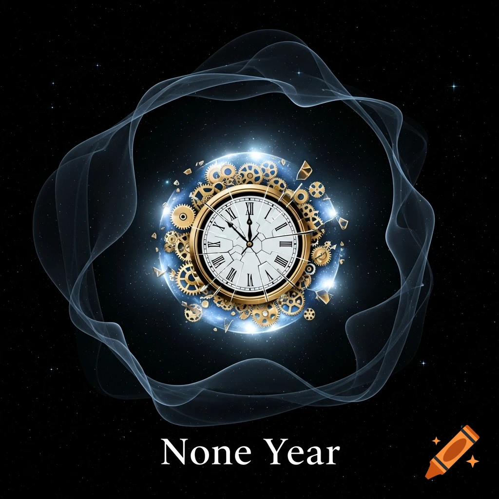 A golden clock with exposed gears and a cracked face floats in dark space, encircled by glowing blue mist, with 'None Year' written below.