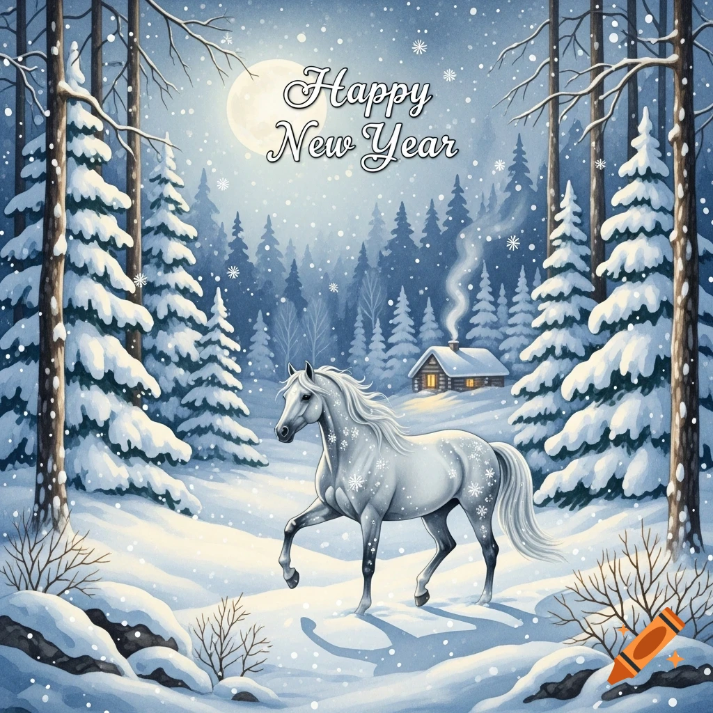An illustrative winter scene with a white horse in a snowy forest, a distant cabin, full moon, and 'Happy New Year' text.