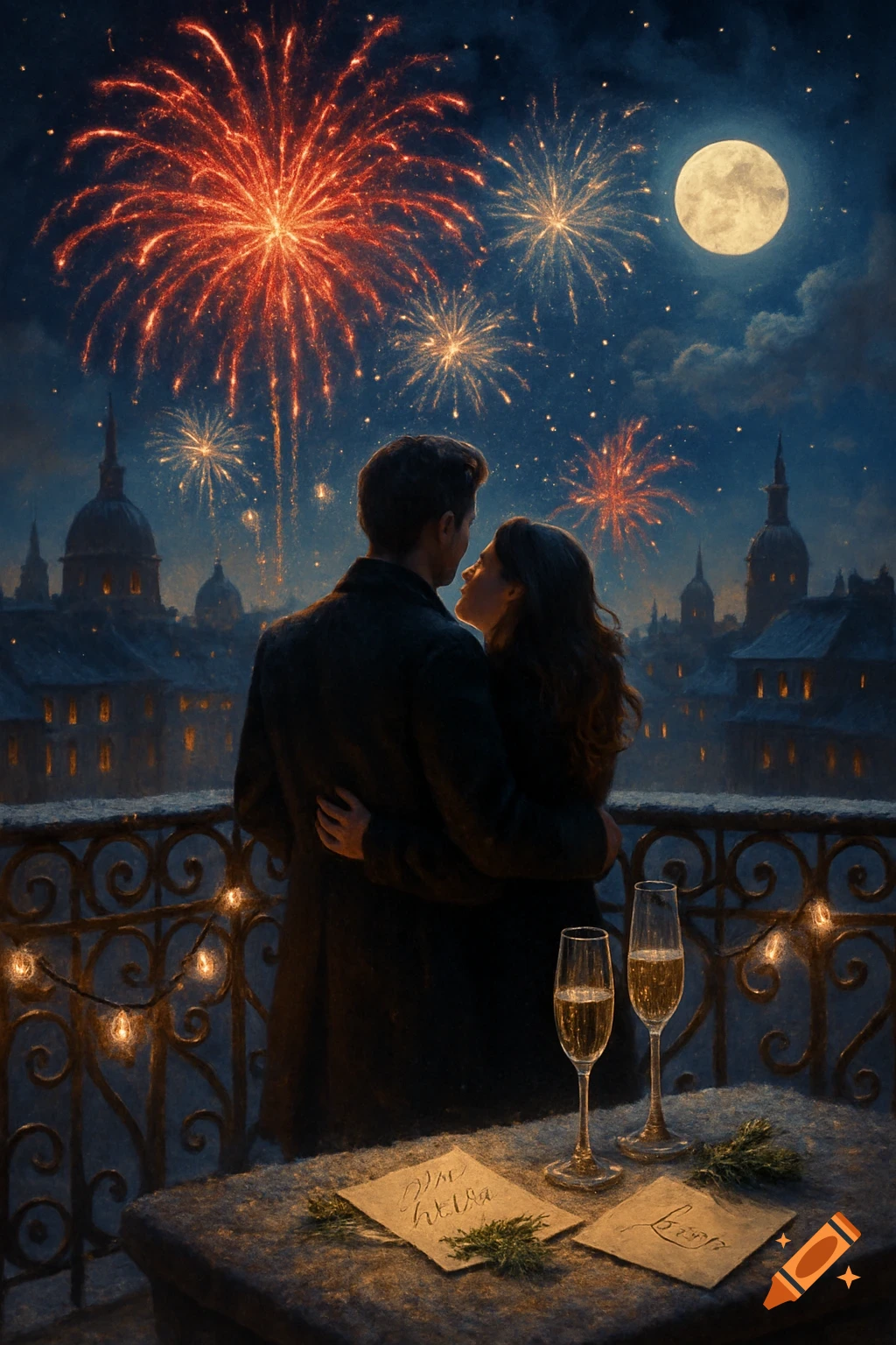 A romantic couple embraces on a balcony overlooking a city skyline, watching vibrant fireworks and a full moon on New Year's Eve. Champagne flutes are on a table.