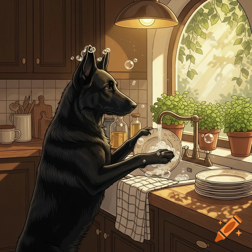A black German Shepherd stands on its hind legs, diligently washing dishes in a sunny kitchen sink, illustrated.
