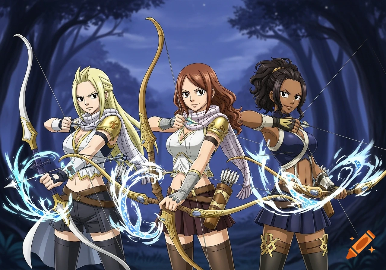 Three anime female archer warriors pose with magical bows in a dark forest.