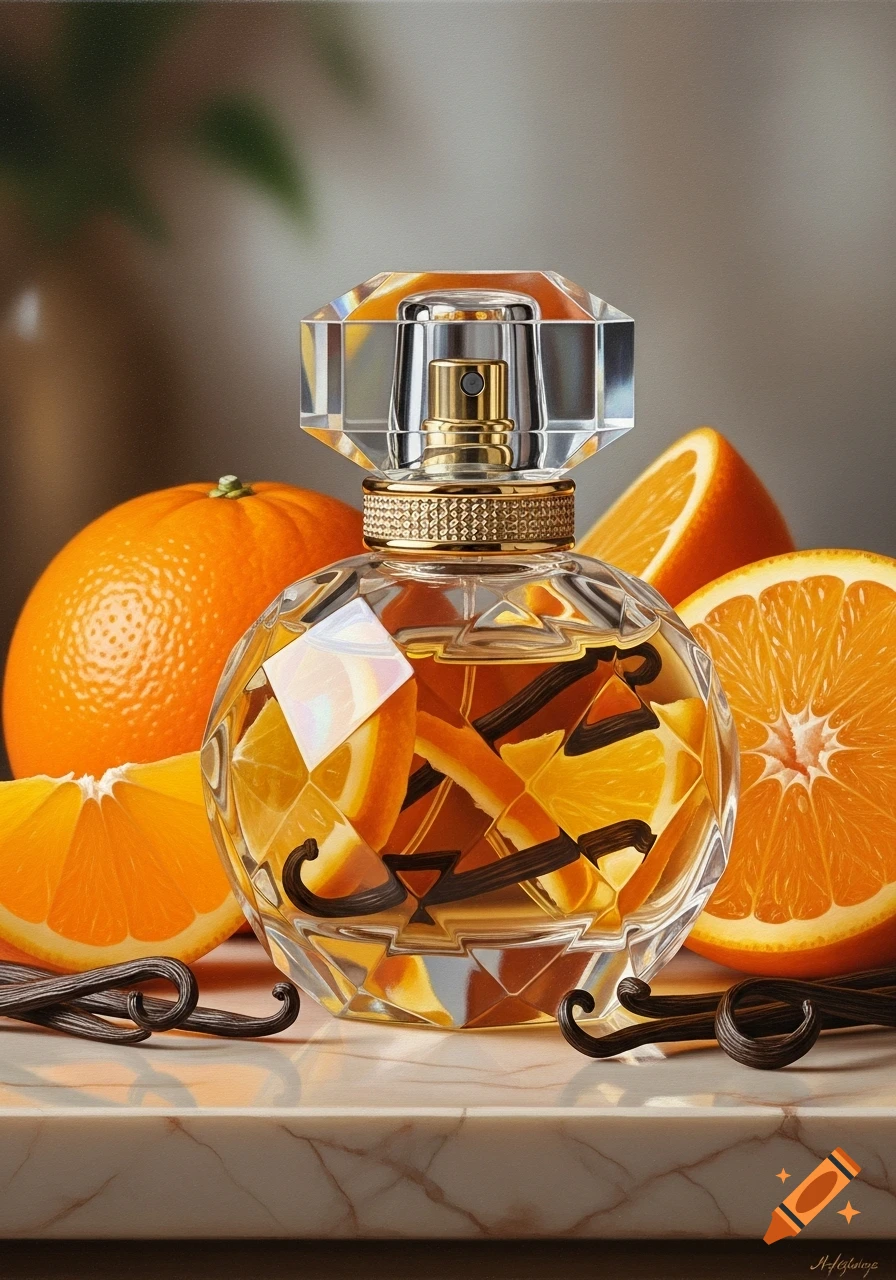 A photorealistic still life of a faceted perfume bottle filled with orange slices and vanilla beans, surrounded by fresh oranges and vanilla pods on a marble surface.