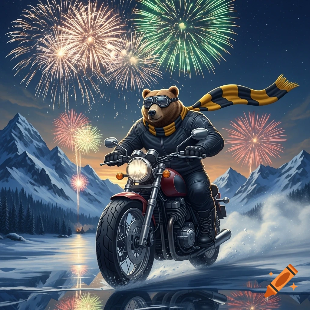 A cartoon bear, wearing a leather jacket, goggles, and a striped scarf, rides a red motorcycle through a snowy landscape with fireworks in the sky.