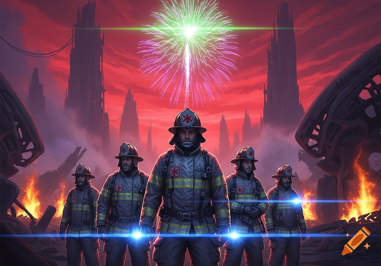 Five firefighters stand defiantly in a red-skied, fire-ravaged paranormal world as fireworks explode above.