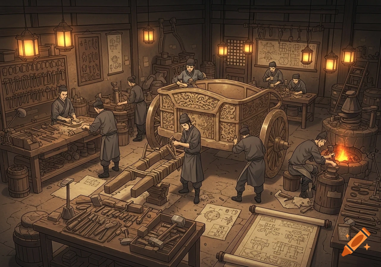 Artisans in an ancient Qin Dynasty workshop craft a bronze chariot, surrounded by tools and warm lantern light, in a comic anime style.