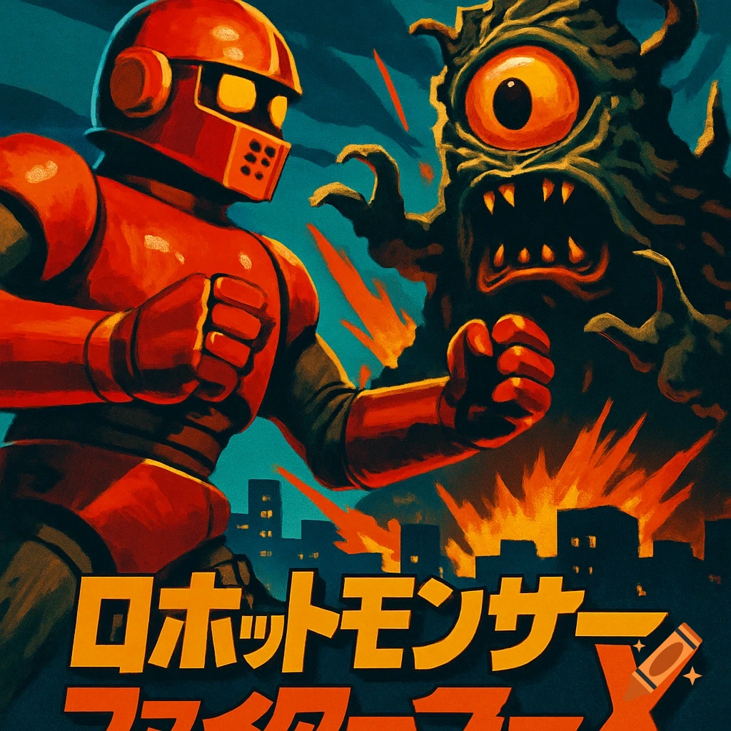 A retro Japanese poster shows a red robot with a round head punching a green cyclops monster with a toothed mouth, above a cityscape. Japanese text reads 'Robot Monster Fighter X'.