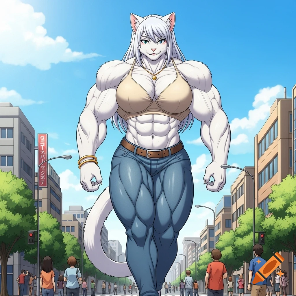 Anime-style giant muscular white cat woman in a bra and jeans walks confidently down a city street, with tiny people looking up at her.