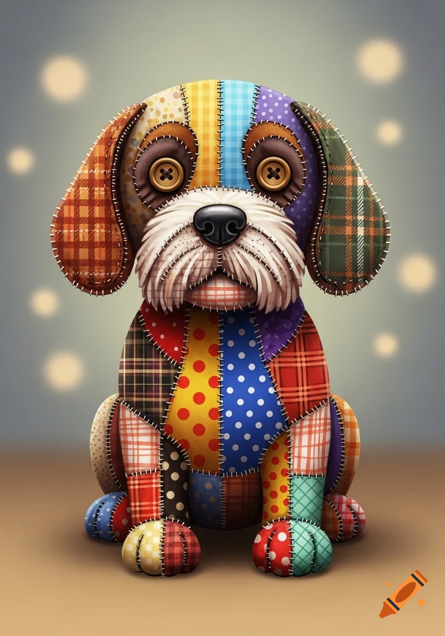 A charming patchwork dog, crafted from various colorful fabrics with patterns like plaid and polka dots, sits upright with button eyes.