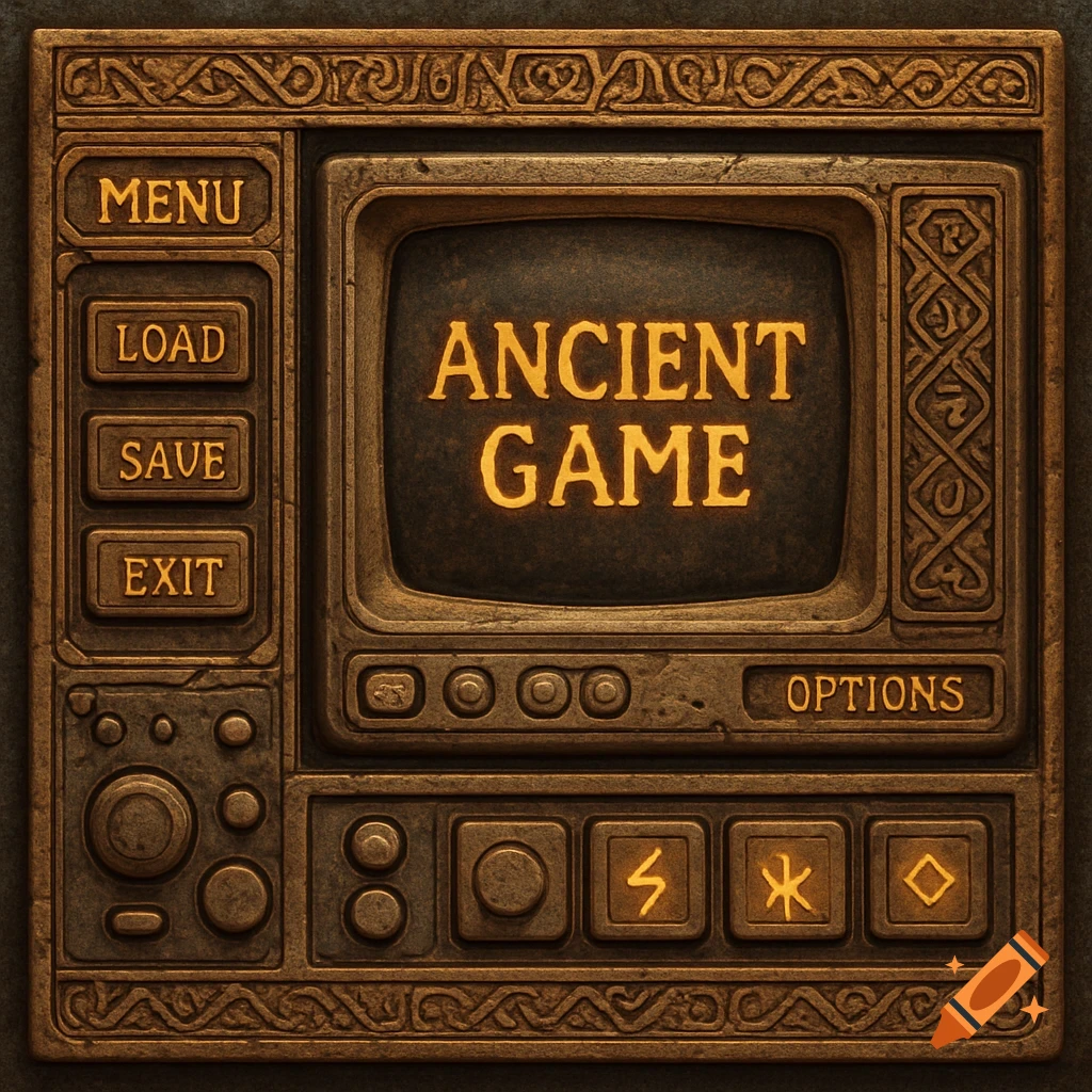 A detailed, ancient-style game user interface with textured panels, glowing text on a screen reading 'ANCIENT GAME', and navigation buttons.