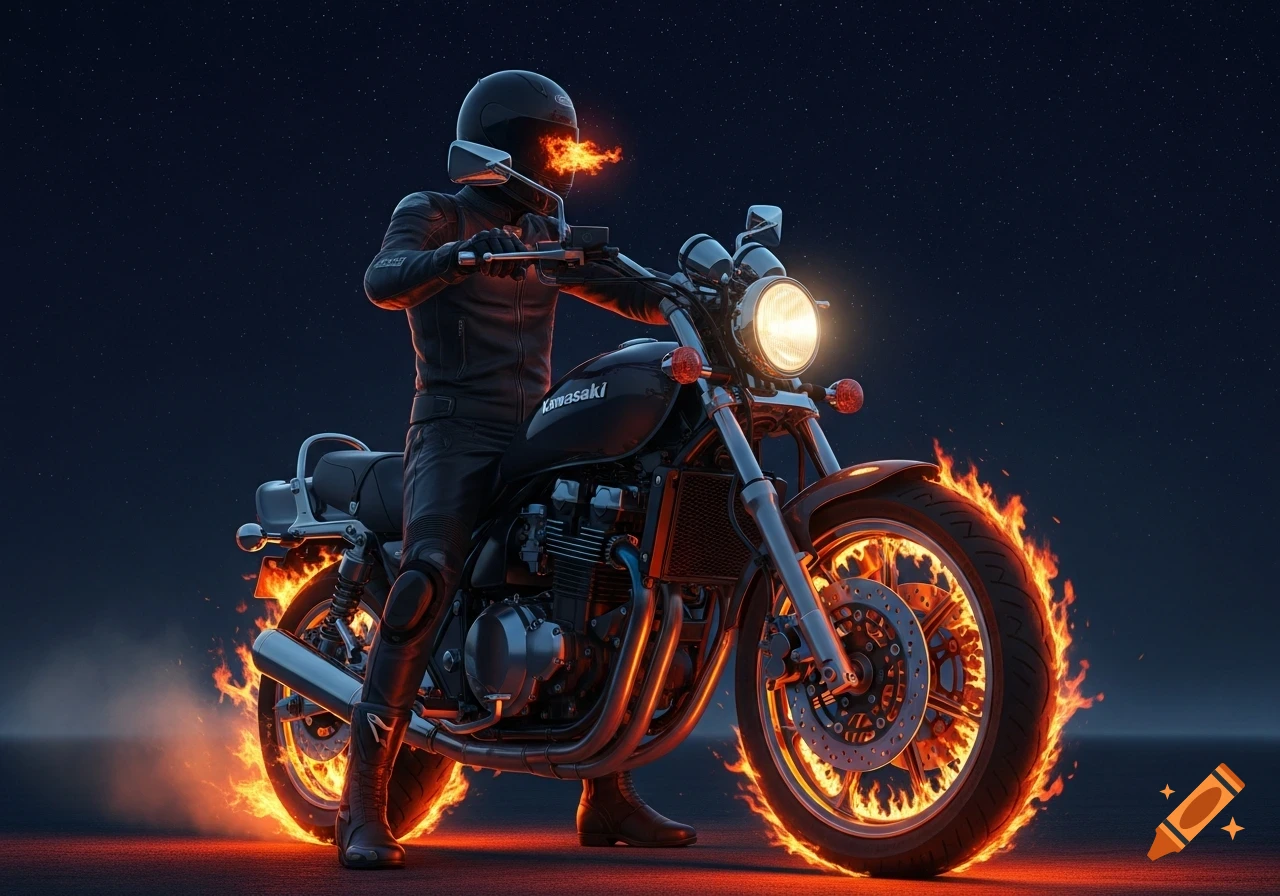 A motorcyclist in a black suit and helmet rides a Kawasaki motorcycle at night. The motorcycle's tires and the rider's visor are engulfed in flames.