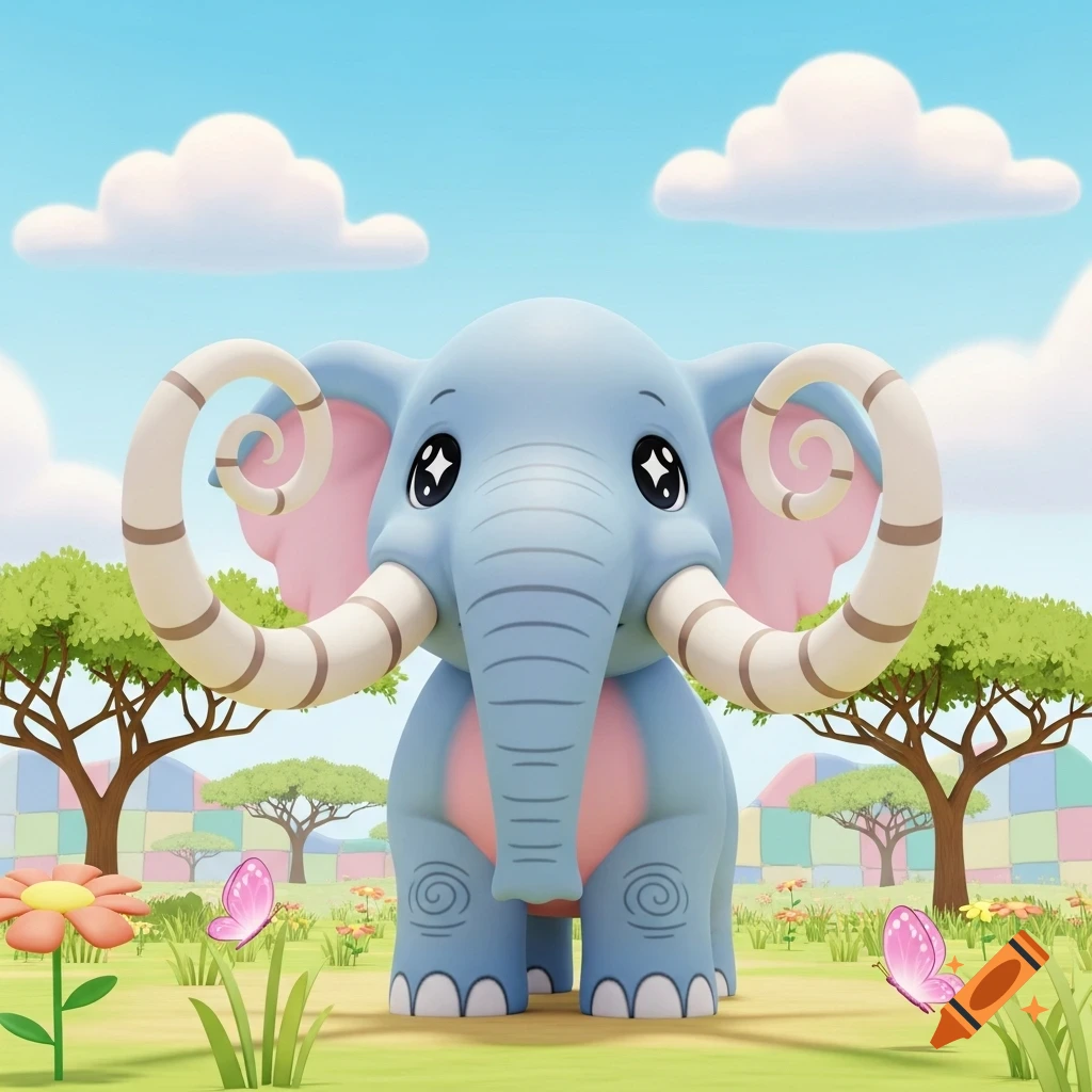 A cute, light blue cartoon elephant with large spiraled tusks and pink ears stands in a vibrant field with flowers and butterflies.