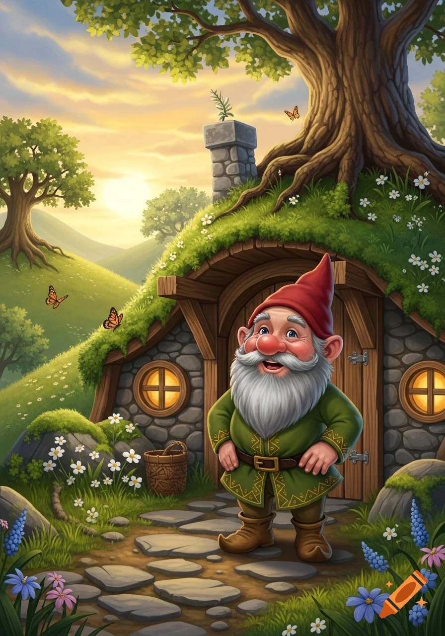 A cheerful gnome with a red hat and white beard stands before a whimsical hobbit house on a sunny, flower-filled hillside, illustrated.