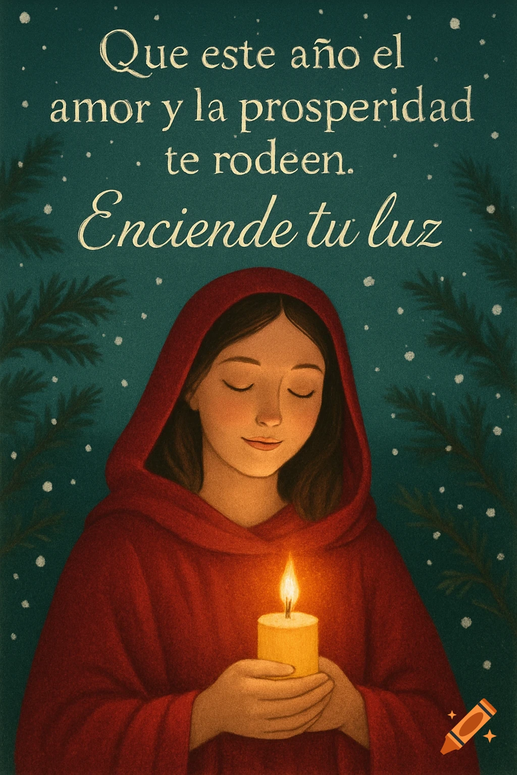 An illustration of a woman in a red hood holding a lit candle. Snowy pine branches on a dark green background. Spanish text reads a holiday greeting.