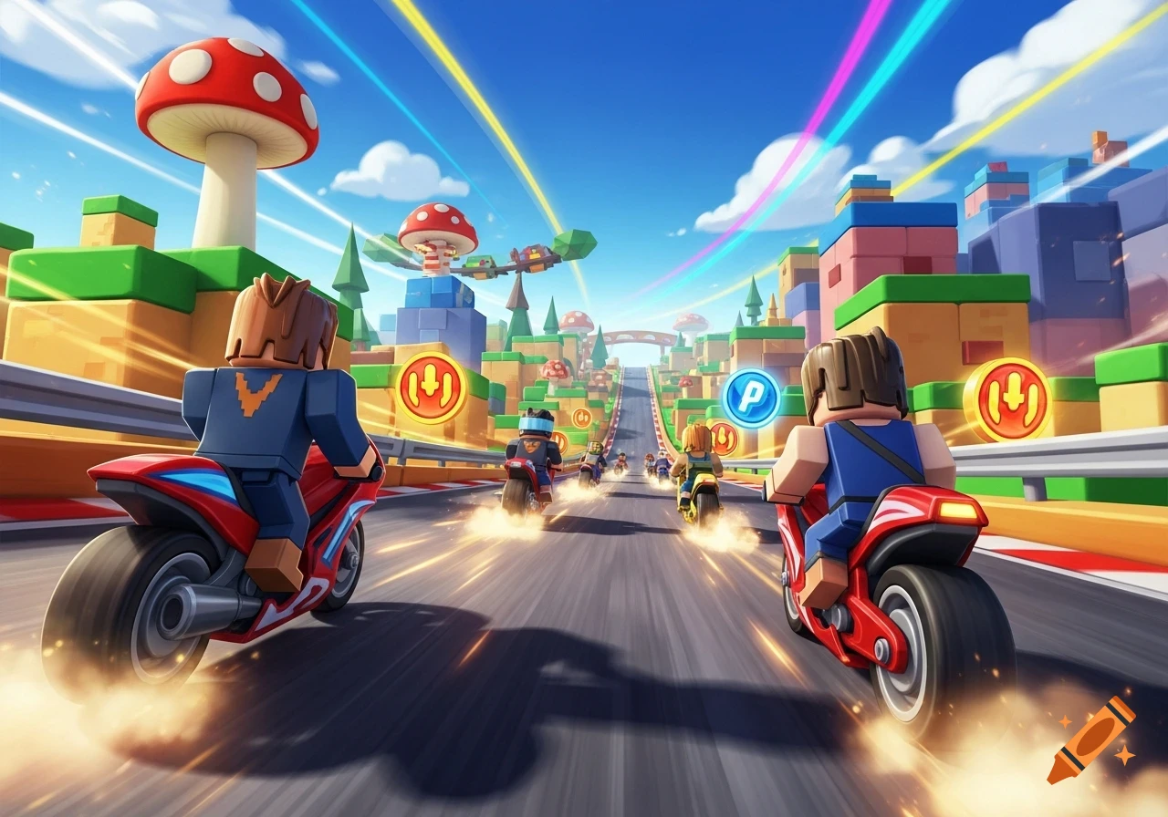 Blocky characters race motorcycles on a vibrant, cartoonish track with giant mushrooms, coins, and buildings, in a Roblox-style 3D render.