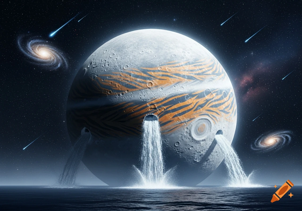 A large, striped, cratered planet in space with waterfalls spouting into a dark ocean below, surrounded by galaxies and shooting stars.