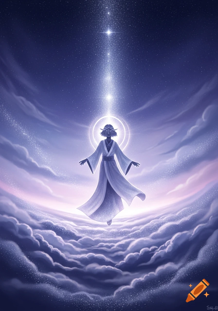 A mystical figure with pointed ears floats above a sea of clouds under a starry night sky, illuminated by a beam of light from above.
