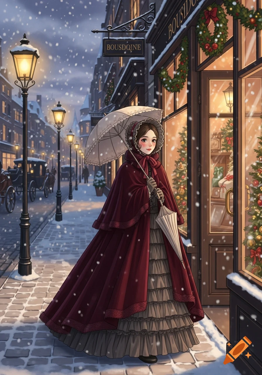 An illustration of a Victorian girl in a red cloak and bonnet holding an umbrella on a snowy street with Christmas-decorated shops.